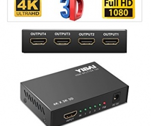 HDMI Splitter, YIBAI 4K HDMI Splitter 1 in 4 out Ver 1.4 Certified for Full HD 1080P & 3D Support With US Power Adapter