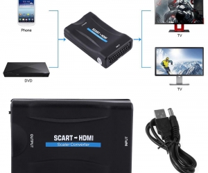 HDMI To SCART Adapter 1080p Video Audio Converter + USB Power Cable For Scaler Smartphone STB DVDBlack